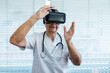 © Davidbenito - Doctor at the window of a hospital, using virtual reality glasses for medical purposes, touching something virtual with his hands