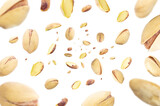 Fototapeta Lawenda - Collection of pistachio nuts falling isolated on white background. Selective focus