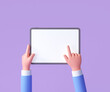© StockStyle - 3D Cartoon hand holding tablet isolated on purple background, Hand using tablet mockup. 3d render illustration
