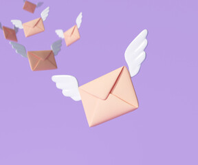 3D Flying envelope wings, incoming mail notify, newsletter and online email concept. 3d render illustration