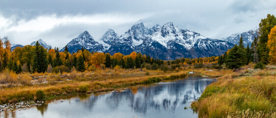 dramatic autumn landscape of the snow capped grand teton mountain range surrounded by golden colored