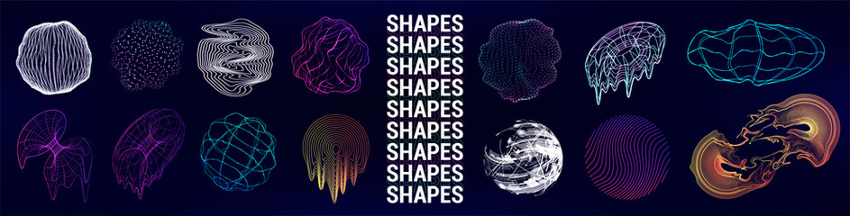 retrofuturistic geometric shapes with glitch and liquid effect. universal trendy cyberpunk elements.