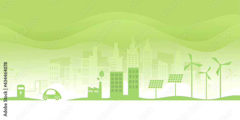 Ecology concept.Alternative renewable energy.Electric Car and Green eco city background.Environment conservation resource sustainable. - obrazy, fototapety, plakaty 