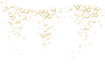 Gold fizzy bubbles. Sparkles champagne. Fizzy pop and effervescent drink. Abstract fresh soda and air bubbles, oxygen, champagne crystal. Vector illustration on black transparent background.