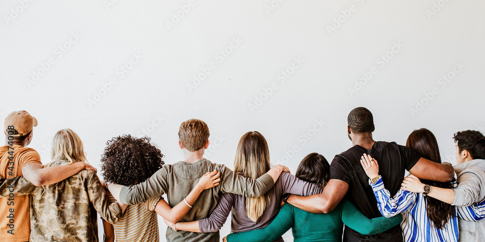 Rearview of diverse people hugging each other - obrazy, fototapety, plakaty 