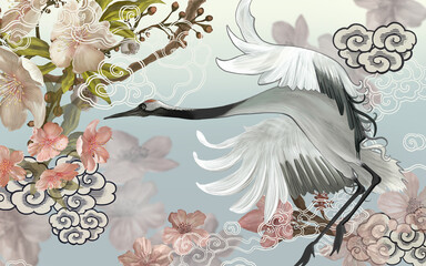 Plakat ptak azjatycki kwiat zwierzę kreskówka