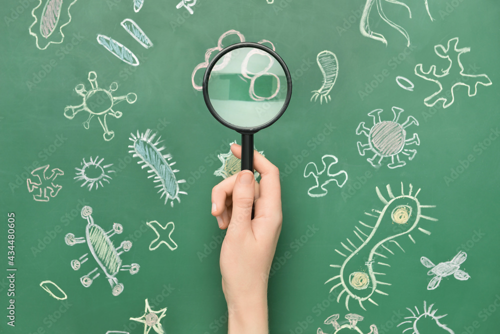 Female hand with magnifier on color background