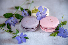 Several Macaroons Lie On The Table Decorated With Flowers.