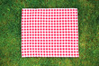 Red picnic square cloth on green grass top view,food advertisement display.