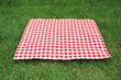 Red checkered gingham cloth on green grass. Picnic towel.Tabletop advertisement design. Food promotion display.