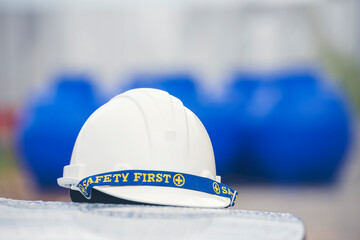 Construction hard hat safety tools equipment for workers in construction site for engineering protection head standard. Many hard hat helmet on row with copy space. Engineering Construction Concept