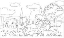 Farm Animals Coloring Book Educational Illustration For Children. Cute Rooster And Chicken, Rural Landscape Colouring Page. Vector Black White Outline Cartoon Characters