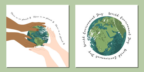 Canvas Print - World Environment Day, june 5. Happy Mother Earth Day, Earth Hour. Environment protection. Hands hold planet gently. Vector flat cartoon illustration. Perfect for card, poster, flyer, banner design