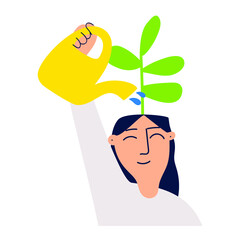 Young woman grow plant, positive emotions in her head. Illustration on white background.