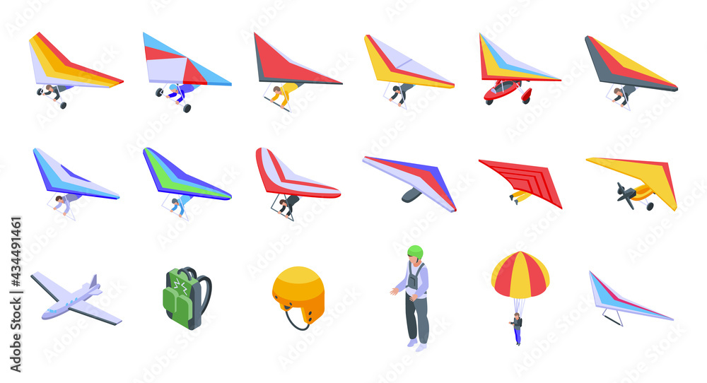 Hang glider icons set. Isometric set of hang glider vector icons for web design isolated on white background - obrazy, fototapety, plakaty 
