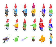 Garden Gnome Icons Set. Isometric Set Of Garden Gnome Vector Icons For Web Design Isolated On White Background