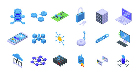 Wall Mural - Block chain icons set. Isometric set of block chain vector icons for web design isolated on white background