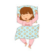 Little Girl Sleeping Sweetly on Soft Pillow Under Blanket in Her Bed Vector Illustration