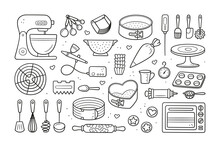 A Set Of Tools For Making Cakes, Cookies And Pastries. Doodle Confectionery Tools - Planetary Stationary Dough Mixer, Baking Pans, Measuring Spoons. Hand Drawn Vector Illustration On White Background.
