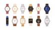 © Good Studio - Set of modern and vintage wristwatches. Fashion design of wrist watches with silver, gold and leather straps. Men and women hand clocks. Colored flat vector illustration isolated on white background