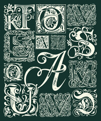 Wall Mural - Vector set of ornate initial letters with vintage baroque ornamentation. Hand-drawn capital letters on a dark background. Beautiful uppercase letters to use for monogram, logo,emblem, card, invitation