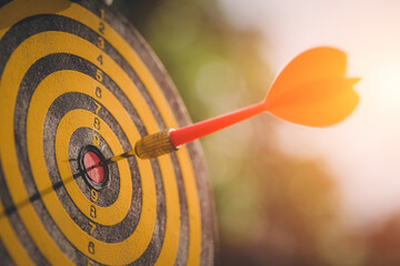 Red dart arrows in the center target  of dartboard over nature background, target center business goal concept.