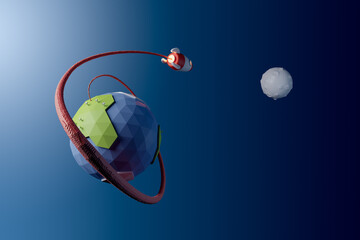 Wall Mural - cartoon 3d rocket launch from the earth towards the moon. spaceship heading towards its final goal. 
