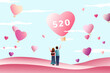 520 Valentines day illustration. Lovers waving to pink heart shaped hot air balloons in the sky.
