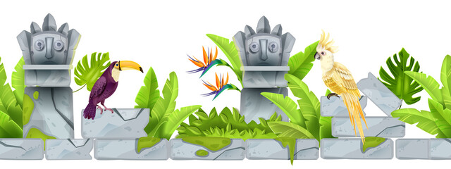 Jungle stone seamless border, vector tropical cartoon background, parrot, toucan, totem face, paradise flowers. Nature exotic game level illustration, cracked ancient ruin. Jungle border, maya idols