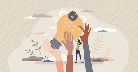 Wall Mural - Teamwork innovation as group idea and collaboration tiny person concept. Creative project brainstorming and partnership cooperation vector illustration. Find solution and right strategy together.