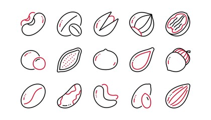 Wall Mural - Nuts and seeds line icons. Hazelnut, Almond nut and Peanut. Walnut, Brazil nut, Pistachio icons. Cacao and Cashew nuts. Linear set. Linear set. Quality line set. Vector