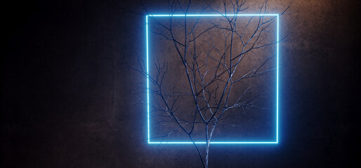 Wall Mural - Sci Fi Cyber Modern Minimalist Blue Neon Futuristic Glowing Laser Tree In Concrete Dark Cement Grunge Tunnel Corridor Showroom Studio Hangar 3D Rendering