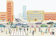 Stadtsilhouette mit Straßenverkehr und Fußgänger auf dem  Zebrastreifen, Illustration