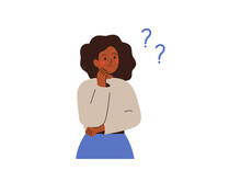 Black Businesswoman Thinks About Something And Looks At Question Marks. Thoughtful African Girl Makes The Decision Or Explains Some Things For Herself. Vector Illustration