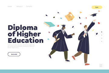 Wall Mural - Diploma of higher education concept of landing page with happy diverse students celebrate graduation