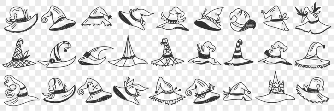 Gnome cap styles doodle set. Collection of hand drawn various shapes and designs of gnomes caps individual traditional accessories in rows isolated on transparent background 