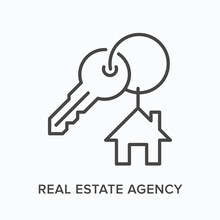 Real Estate Agency Flat Line Icon. Vector Outline Illustration Of Key And House Sign. Black Thin Linear Pictogram For Property Sale And Rental