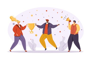 A group of businessmen in bright and modern business attire celebrate success. A woman and a man hold a cup, and their colleague next to them speaks into a megaphone. Flat vector illustration.