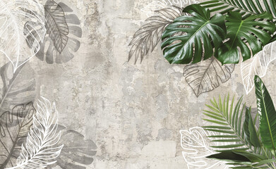 Wall Mural - Tropical leaves on beige old concrete wall background. Material for advertising and creativity. Monstera Leaves. 3d illustration. Banner With Copy Space