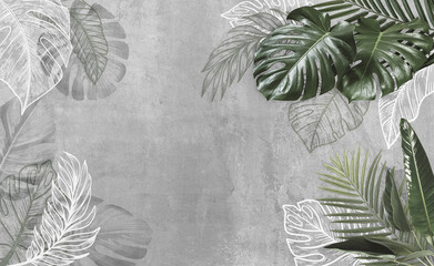 Wall Mural - Tropical leaves on grey cement background. Material for advertising and creativity. Monstera Leaves. 3d illustration. Banner With Copy Space