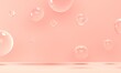 Transparent bubbles fly on pink background. 3d rendering