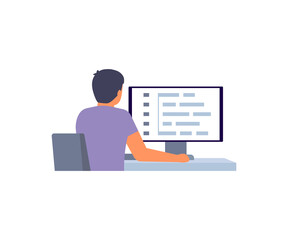 Man programmer, software developer working on web development on computer, back view. Man work script coding and programming in php, python, javascript, other languages on computer screen. Vector