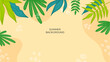 Colourful minimal summer background with flowers and tropical summer leaf. Luxury minimal style wallpaper with golden line art flower and botanical leaves, Organic shapes. Summer sale banner vector