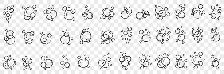 Wall Mural - Soap bubbles shapes doodle set. Collection of hand drawn various shapes of soap frothy bubbles on water in rows isolated on transparent background 