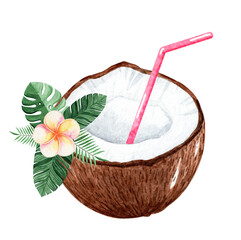 Watercolor coconut tropical cocktail isolated on white background.