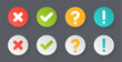 checkmark buttons approved, rejected, ask, info or tick and cross symbols with information, question button - green correct true or red wrong false