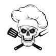 Grinning skull in chef hat with crossed barbecue tools. Cartoon chef skull in hand drawn style. Grill master, vector illustration