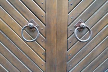 Wall Mural - Old metal door hinge on wooden door.