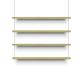 Four wooden shelves hanging on a metal wire on white wall background. Minimalist shelves vector illustration.