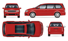 Red Minivan Vector Mockup On White Background For Vehicle Branding, Corporate Identity. View From Side, Front, Back, Top. All Elements In The Groups On Separate Layers For Easy Editing And Recolor
